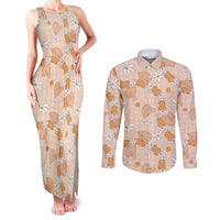 Hawaii Anthurium Tiare Pikake Lei Couples Matching Tank Maxi Dress and Long Sleeve Button Shirt Alani Lauhala Art Pattern LT01 Orange - Polynesian Pride