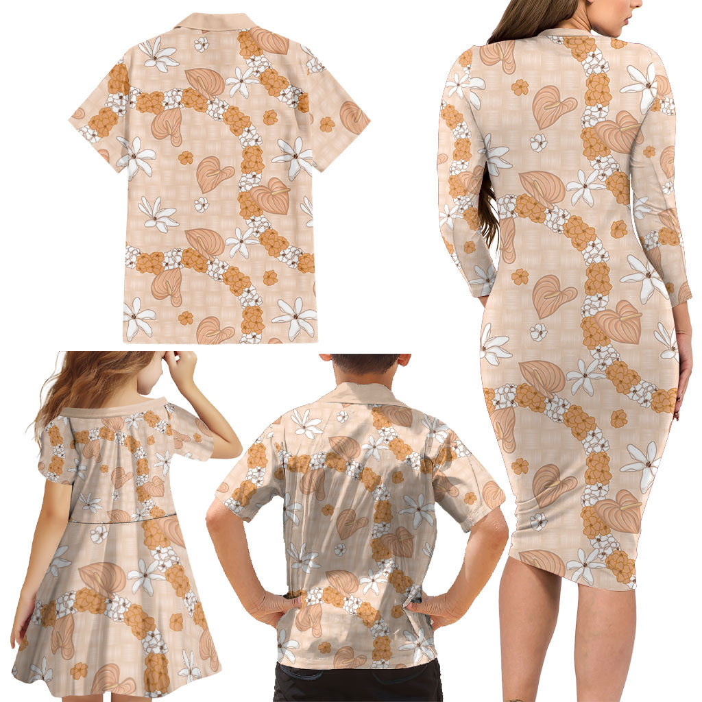 Hawaii Anthurium Tiare Pikake Lei Family Matching Long Sleeve Bodycon Dress and Hawaiian Shirt Alani Lauhala Art Pattern