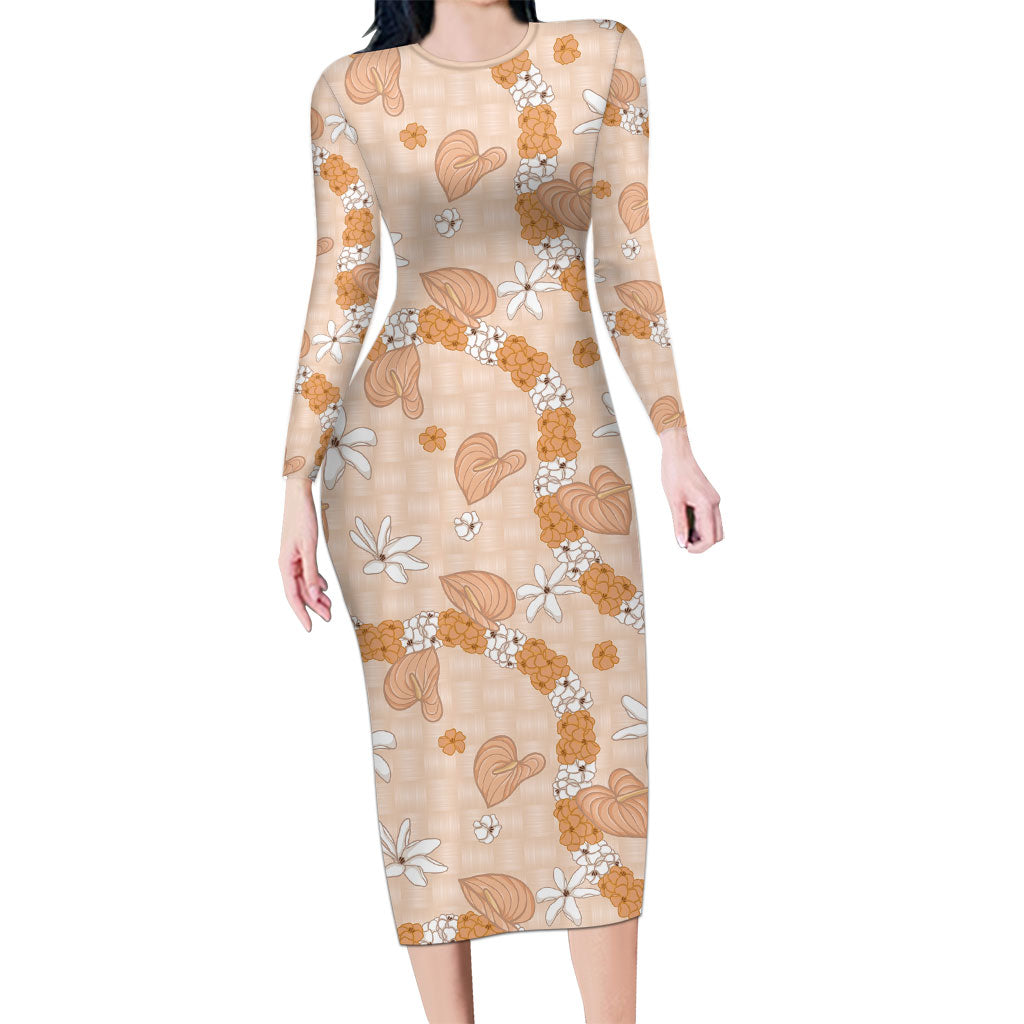 Hawaii Anthurium Tiare Pikake Lei Family Matching Long Sleeve Bodycon Dress and Hawaiian Shirt Alani Lauhala Art Pattern
