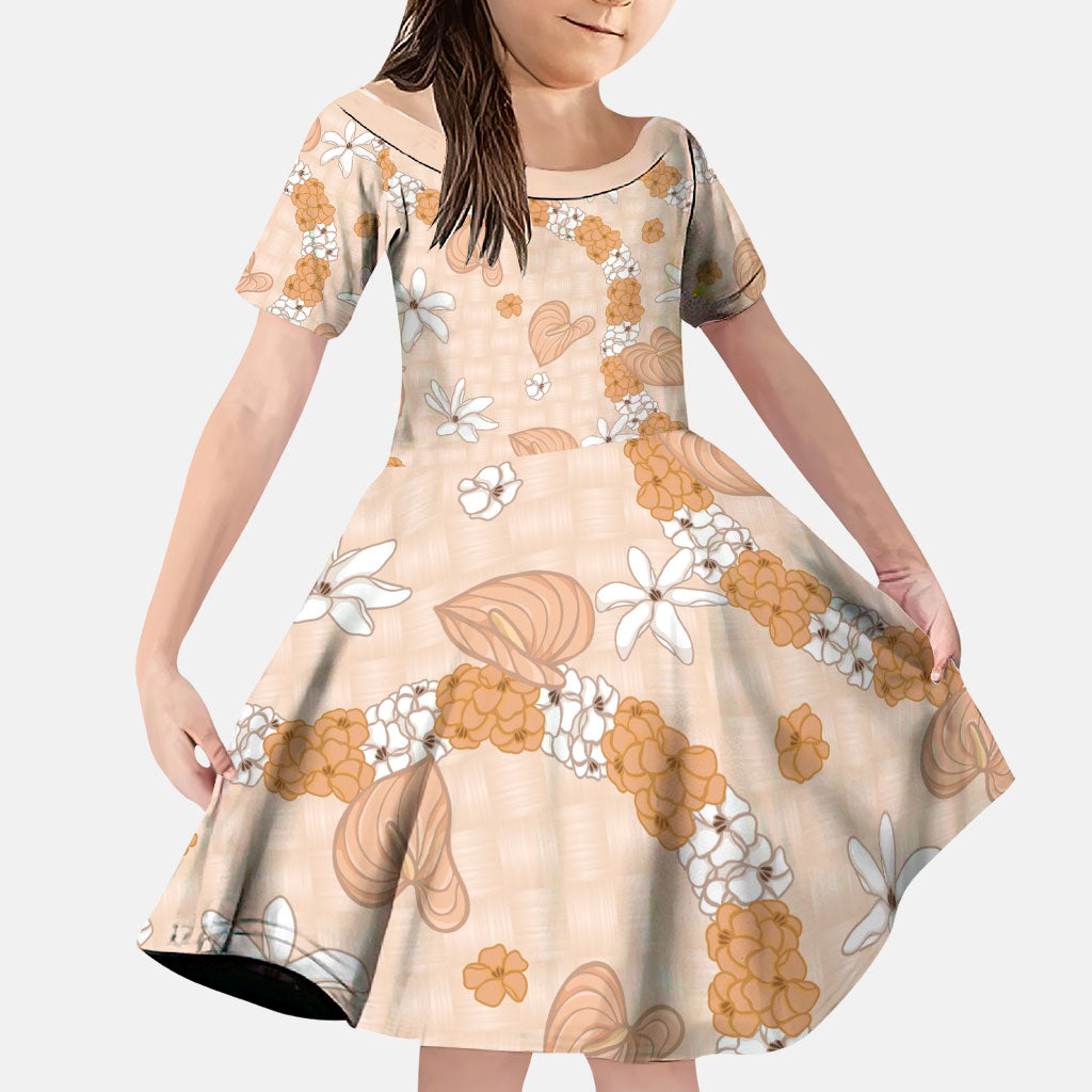 Hawaii Anthurium Tiare Pikake Lei Family Matching Off Shoulder Short Dress and Hawaiian Shirt Alani Lauhala Art Pattern
