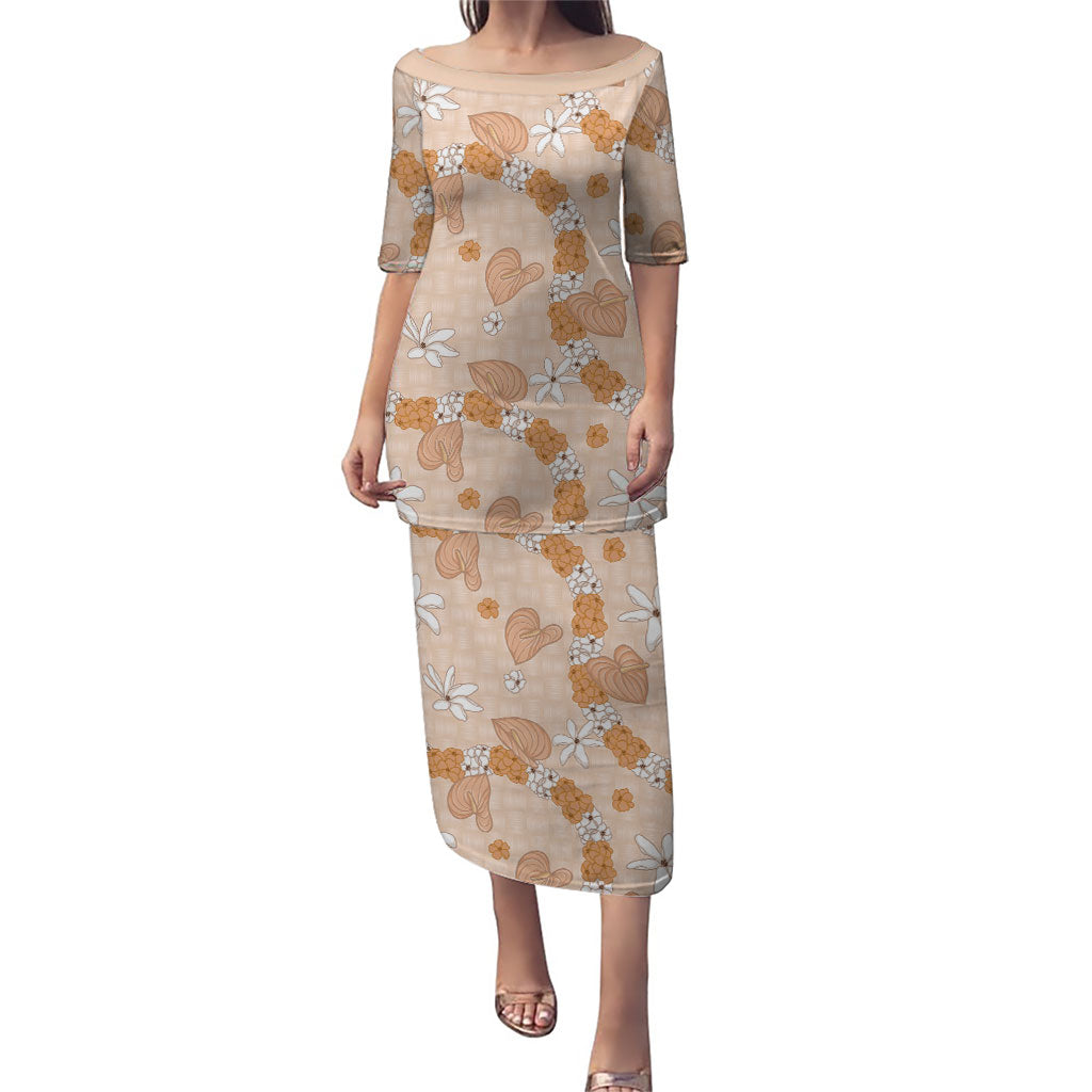 Hawaii Anthurium Tiare Pikake Lei Family Matching Puletasi and Hawaiian Shirt Alani Lauhala Art Pattern LT01 Mom's Dress Orange - Polynesian Pride