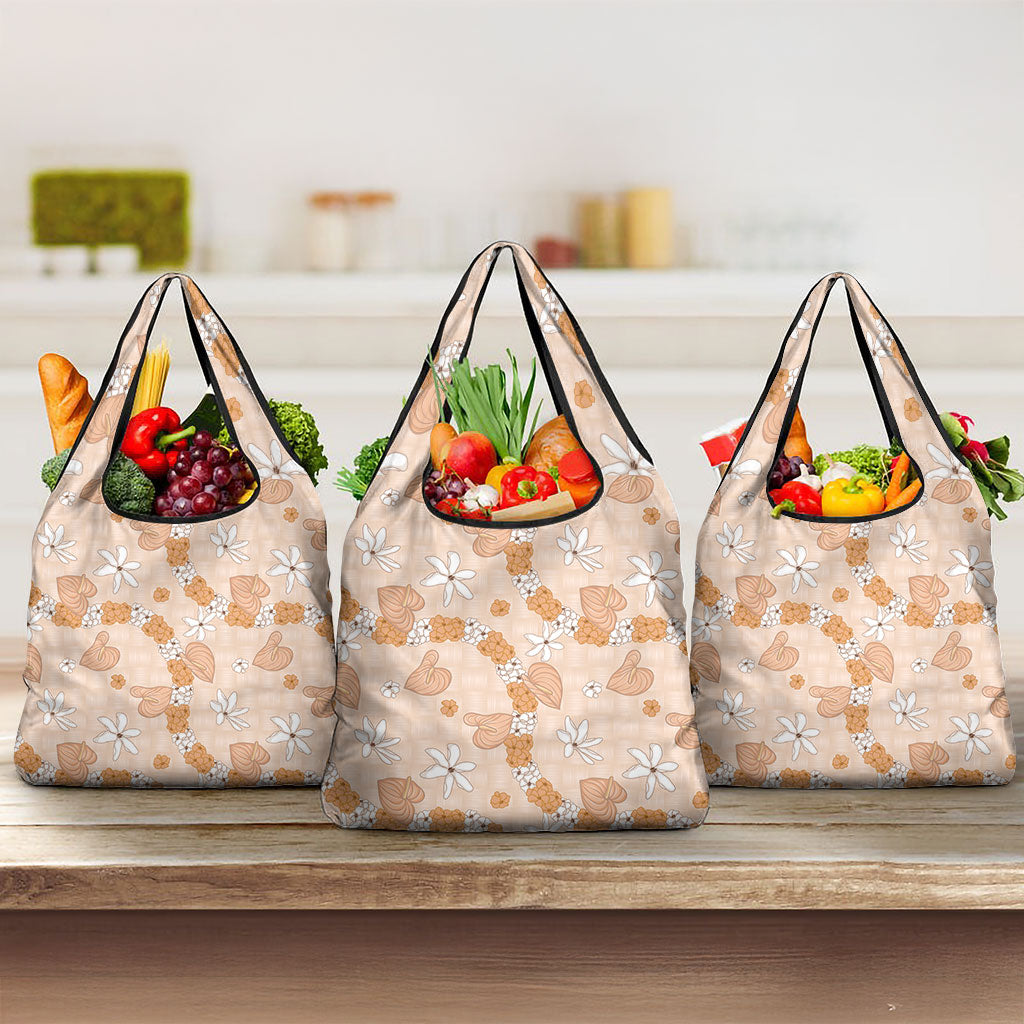 Hawaii Anthurium Tiare Pikake Lei Grocery Bag Alani Lauhala Art Pattern