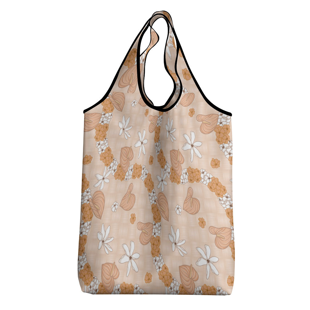 Hawaii Anthurium Tiare Pikake Lei Grocery Bag Alani Lauhala Art Pattern