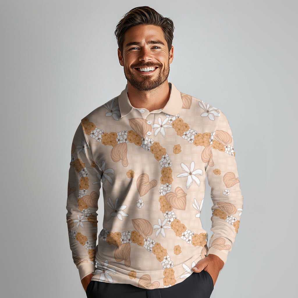 Hawaii Anthurium Tiare Pikake Lei Long Sleeve Polo Shirt Alani Lauhala Art Pattern