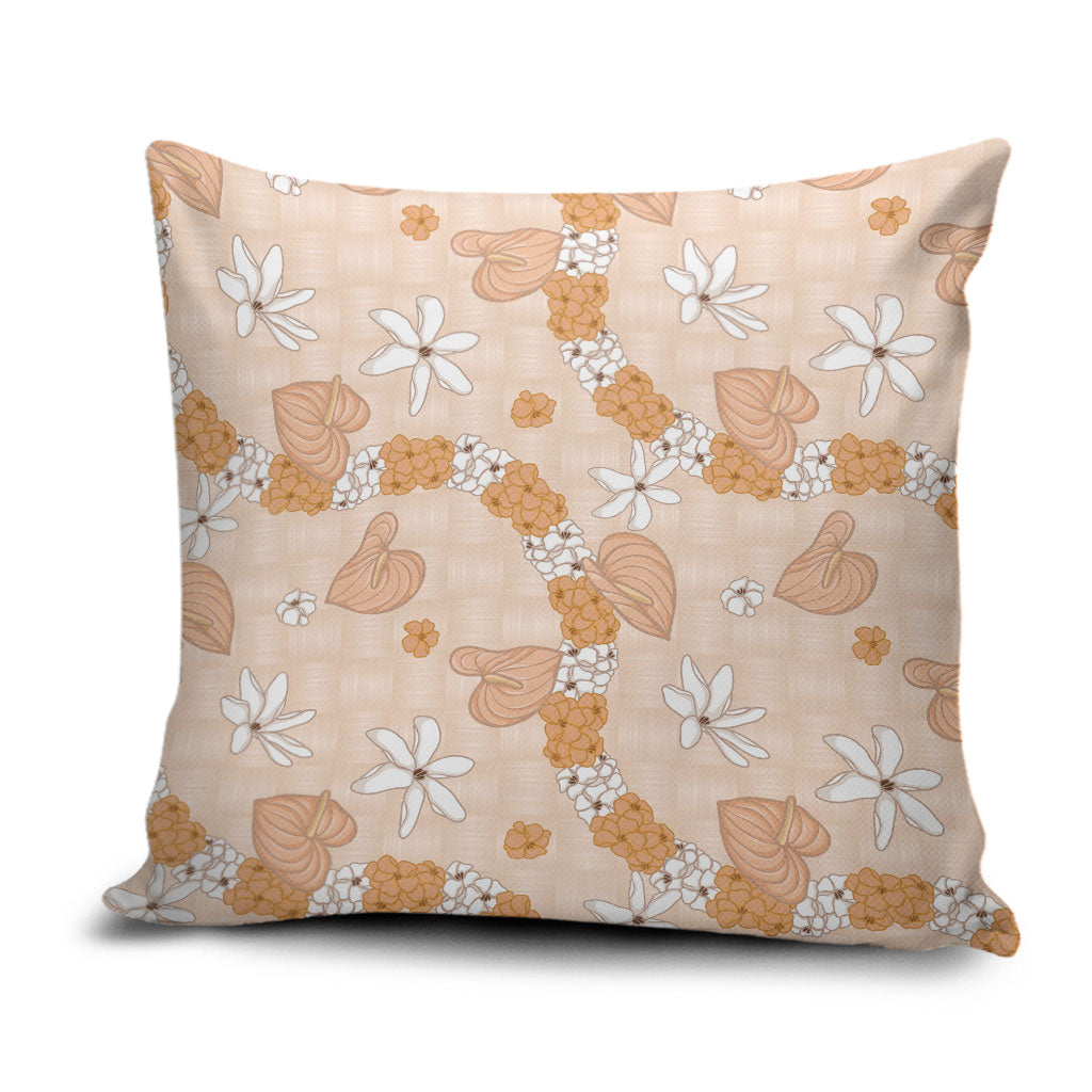 Hawaii Anthurium Tiare Pikake Lei Pillow Cover Alani Lauhala Art Pattern LT01 Orange - Polynesian Pride