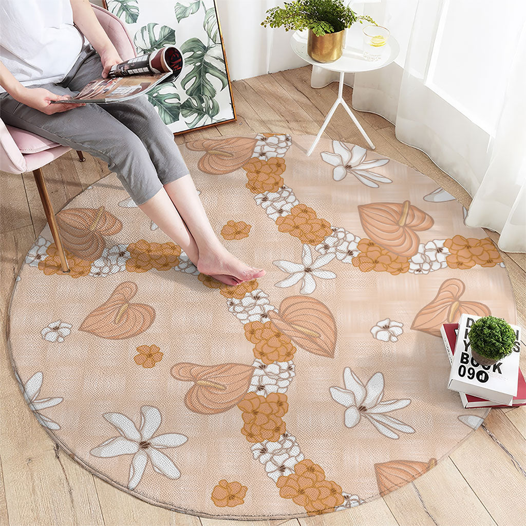 Hawaii Anthurium Tiare Pikake Lei Round Carpet Alani Lauhala Art Pattern