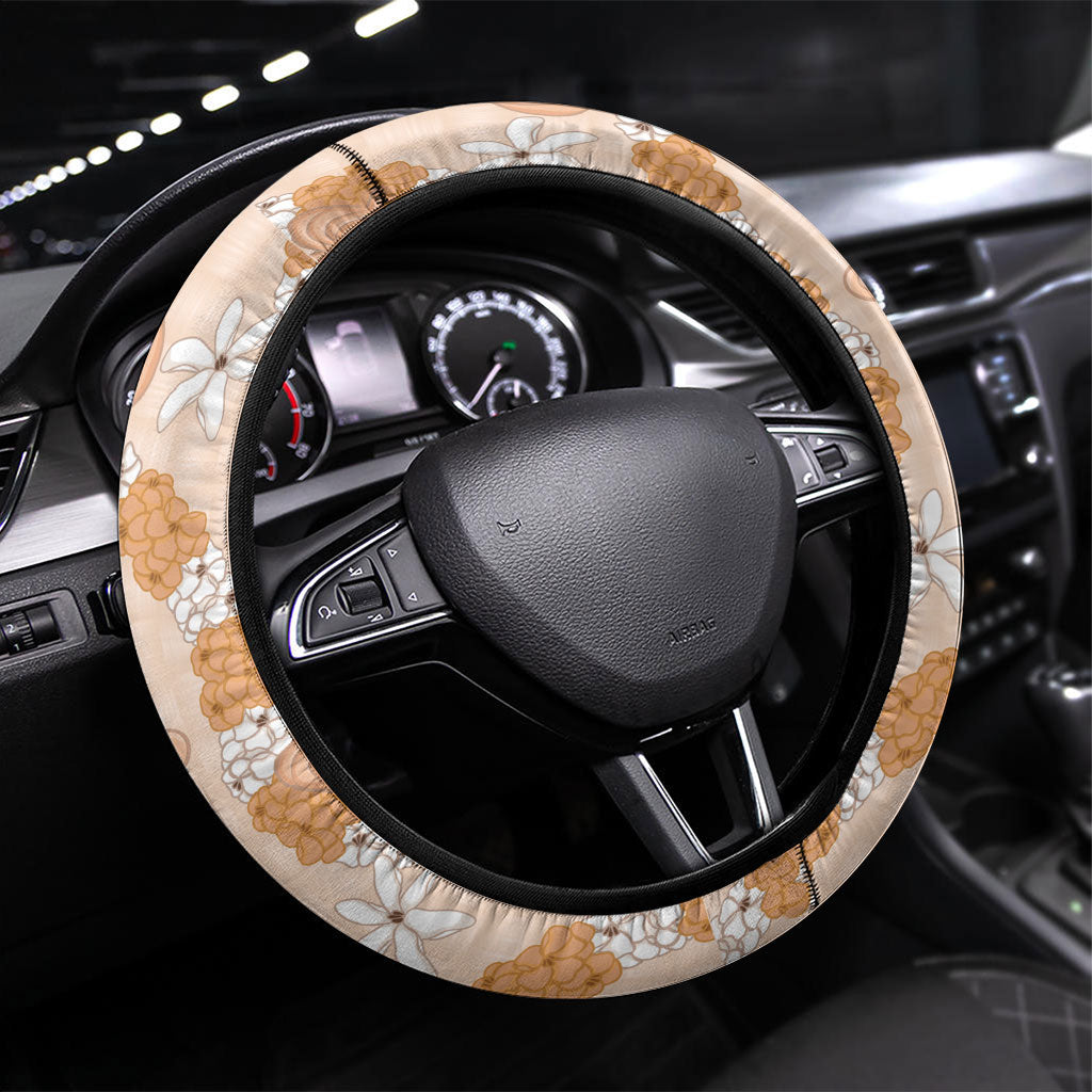 Hawaii Anthurium Tiare Pikake Lei Steering Wheel Cover Alani Lauhala Art Pattern LT01 Universal Fit Orange - Polynesian Pride