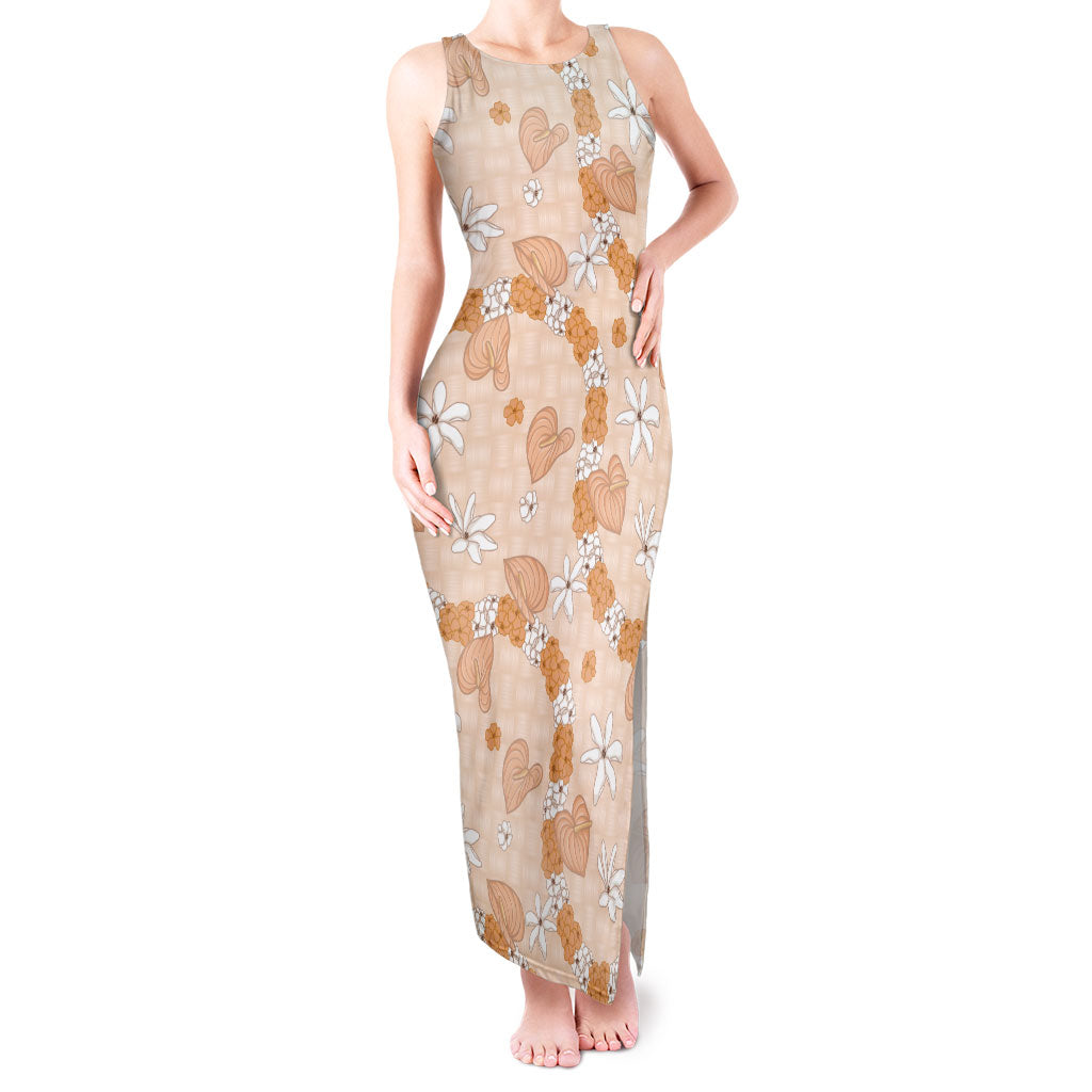 Hawaii Anthurium Tiare Pikake Lei Tank Maxi Dress Alani Lauhala Art Pattern LT01 Women Orange - Polynesian Pride