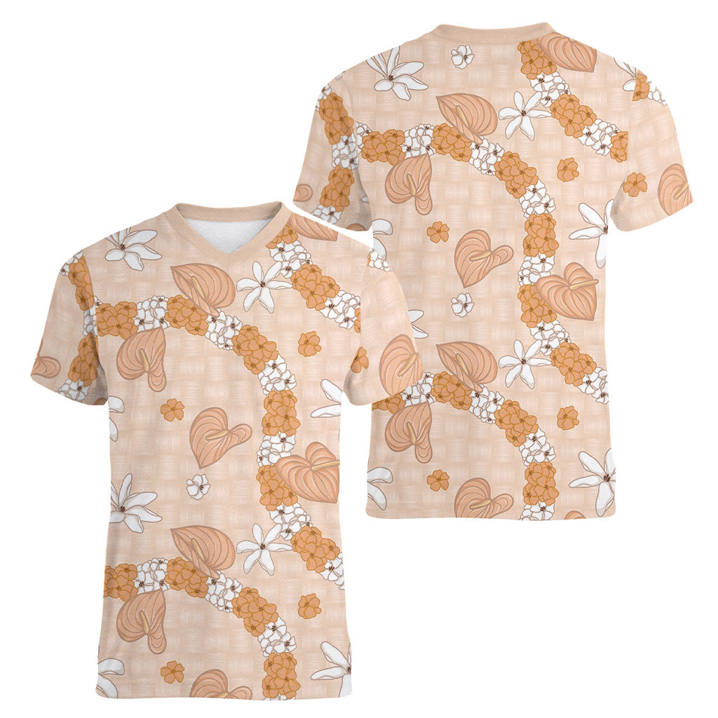Hawaii Anthurium Tiare Pikake Lei Women V-Neck T-Shirt Alani Lauhala Art Pattern
