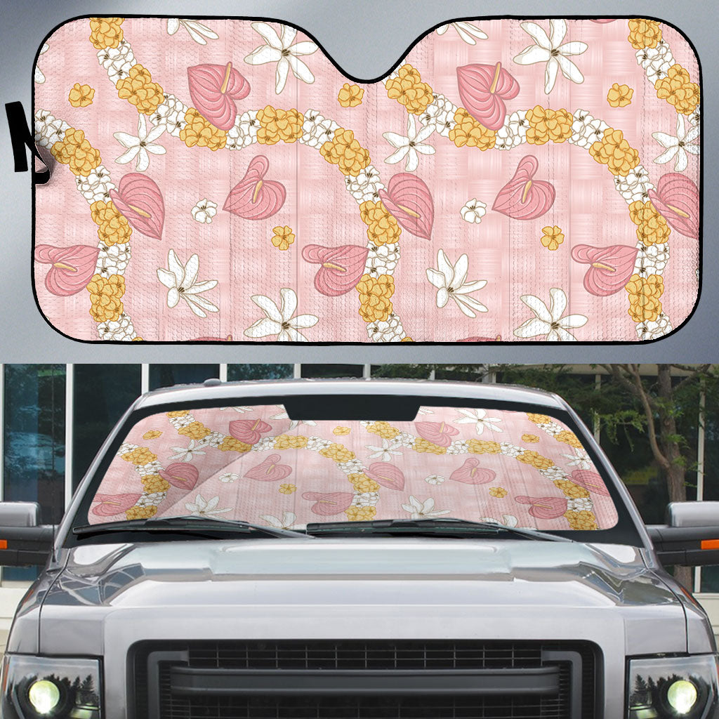 Hawaii Anthurium Tiare Pikake Lei Auto Sun Shade Akala Lauhala Art Pattern