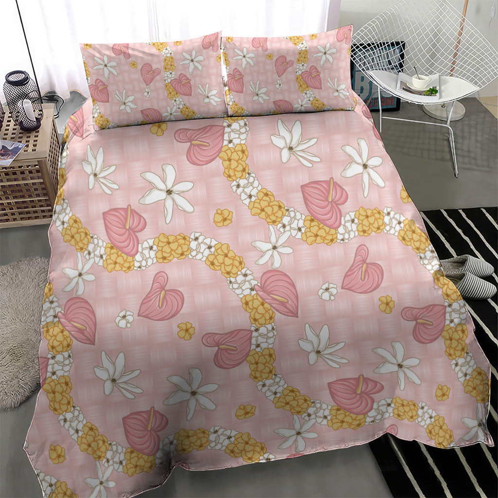 Hawaii Anthurium Tiare Pikake Lei Bedding Set Akala Lauhala Art Pattern