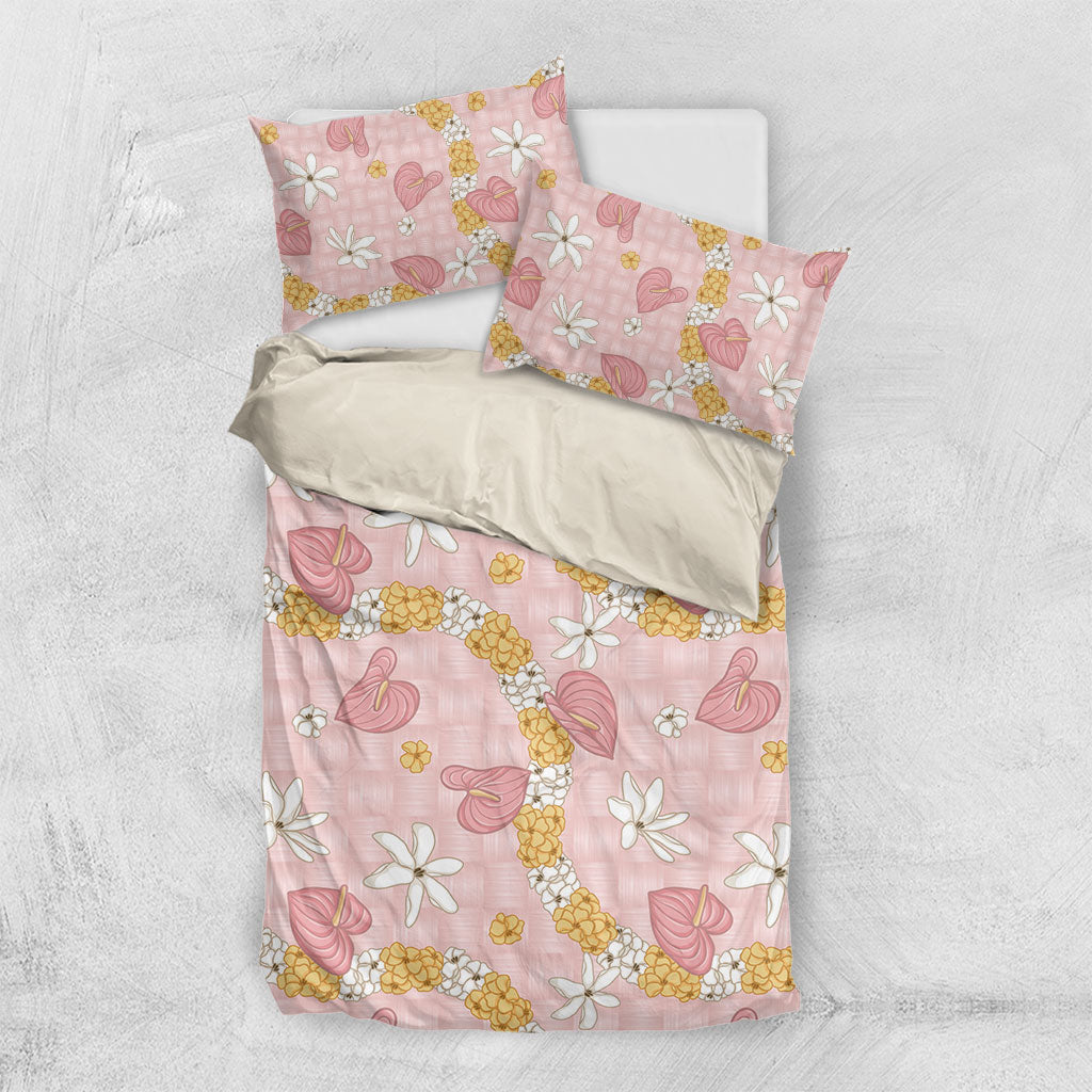 Hawaii Anthurium Tiare Pikake Lei Bedding Set Akala Lauhala Art Pattern