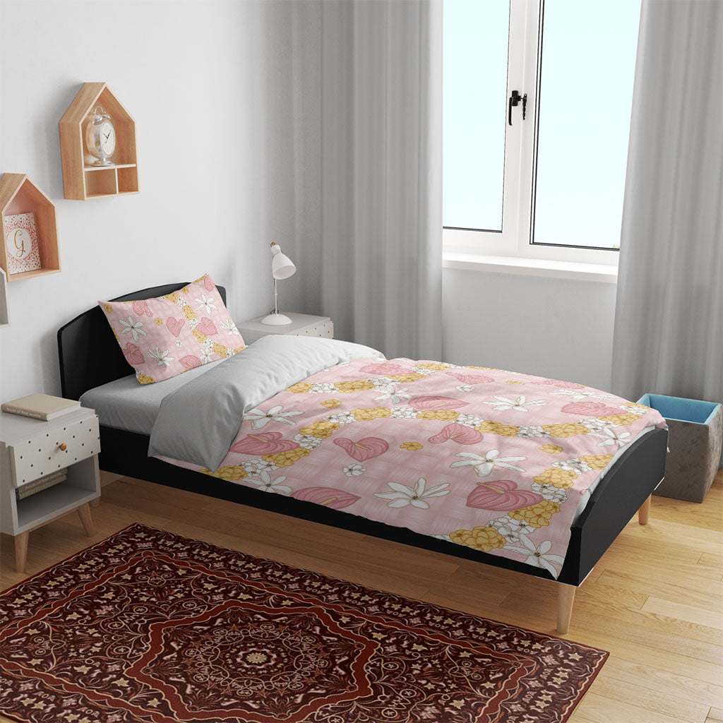 Hawaii Anthurium Tiare Pikake Lei Bedding Set Akala Lauhala Art Pattern