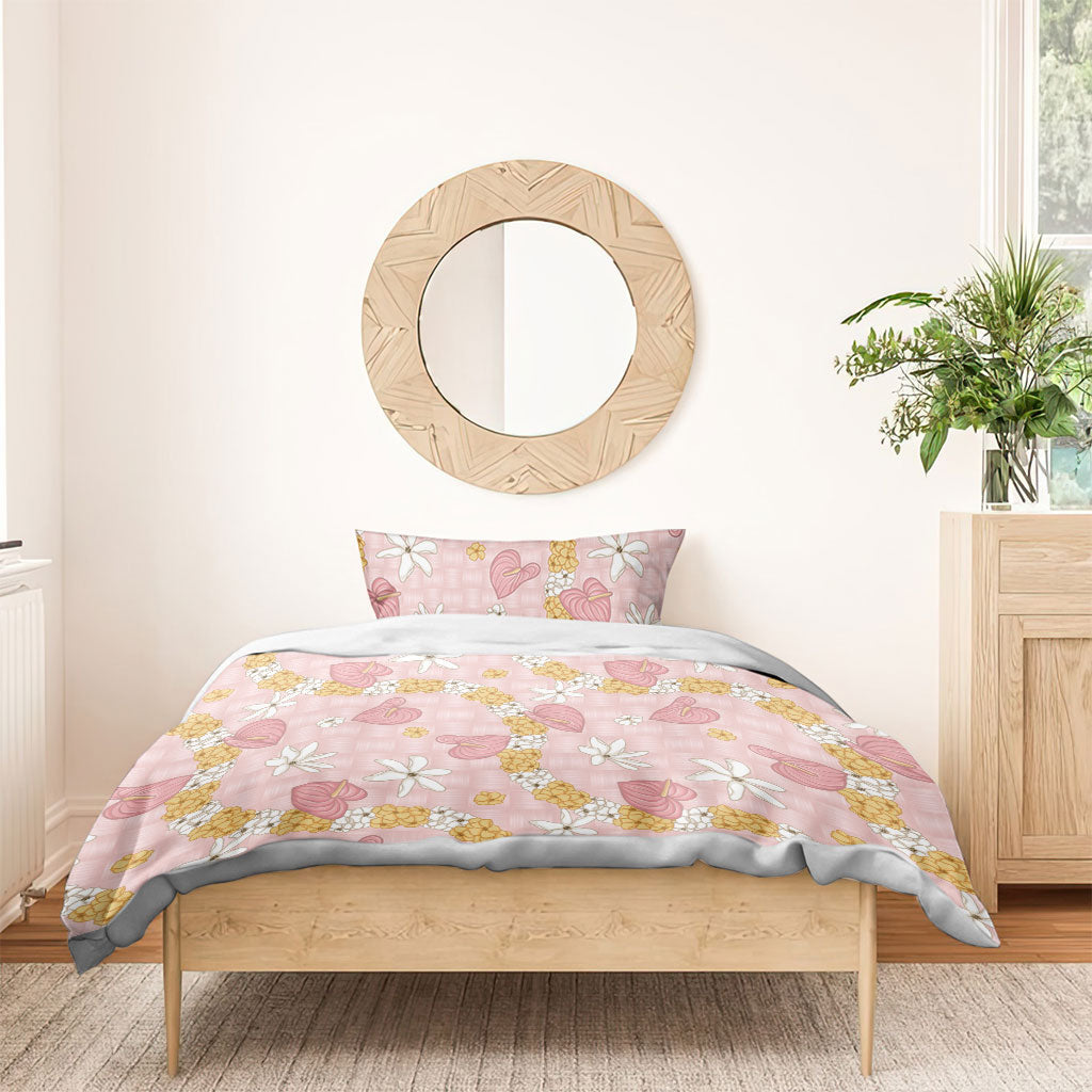 Hawaii Anthurium Tiare Pikake Lei Bedding Set Akala Lauhala Art Pattern