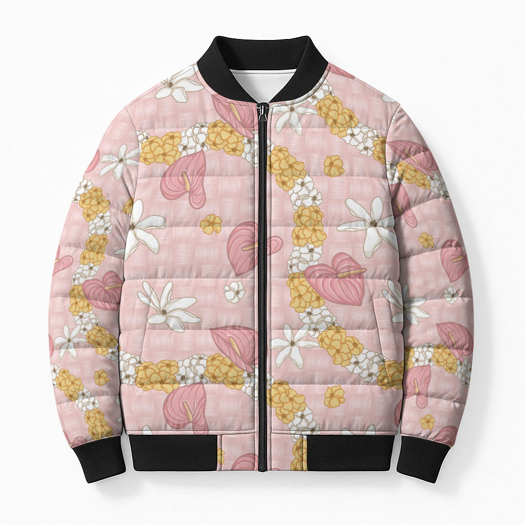 Hawaii Anthurium Tiare Pikake Lei Bomber Puffer Jacket Akala Lauhala Art Pattern
