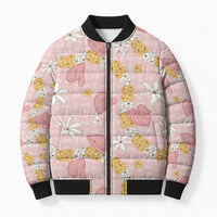 Hawaii Anthurium Tiare Pikake Lei Bomber Puffer Jacket Akala Lauhala Art Pattern