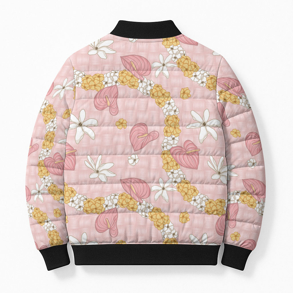 Hawaii Anthurium Tiare Pikake Lei Bomber Puffer Jacket Akala Lauhala Art Pattern