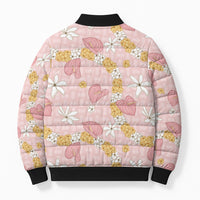 Hawaii Anthurium Tiare Pikake Lei Bomber Puffer Jacket Akala Lauhala Art Pattern