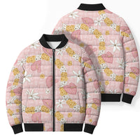 Hawaii Anthurium Tiare Pikake Lei Bomber Puffer Jacket Akala Lauhala Art Pattern