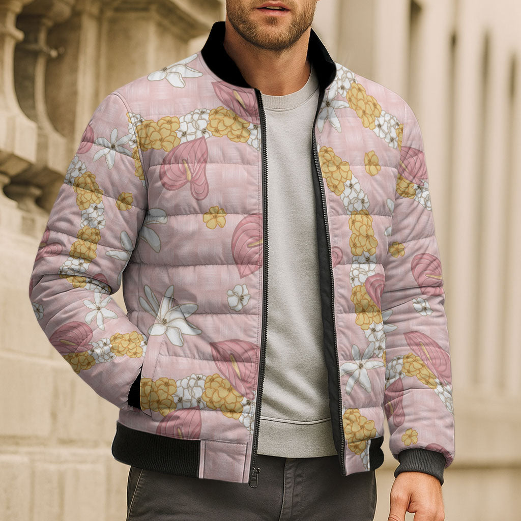 Hawaii Anthurium Tiare Pikake Lei Bomber Puffer Jacket Akala Lauhala Art Pattern