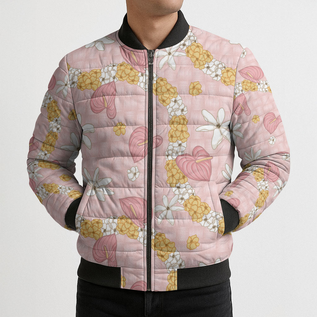 Hawaii Anthurium Tiare Pikake Lei Bomber Puffer Jacket Akala Lauhala Art Pattern