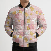 Hawaii Anthurium Tiare Pikake Lei Bomber Puffer Jacket Akala Lauhala Art Pattern