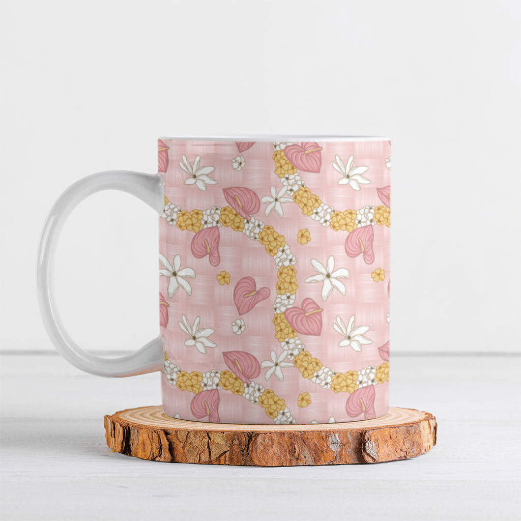 Hawaii Anthurium Tiare Pikake Lei Ceramic Mug Akala Lauhala Art Pattern