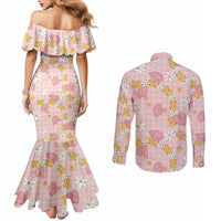 Hawaii Anthurium Tiare Pikake Lei Couples Matching Mermaid Dress and Long Sleeve Button Shirt Akala Lauhala Art Pattern LT01 - Polynesian Pride