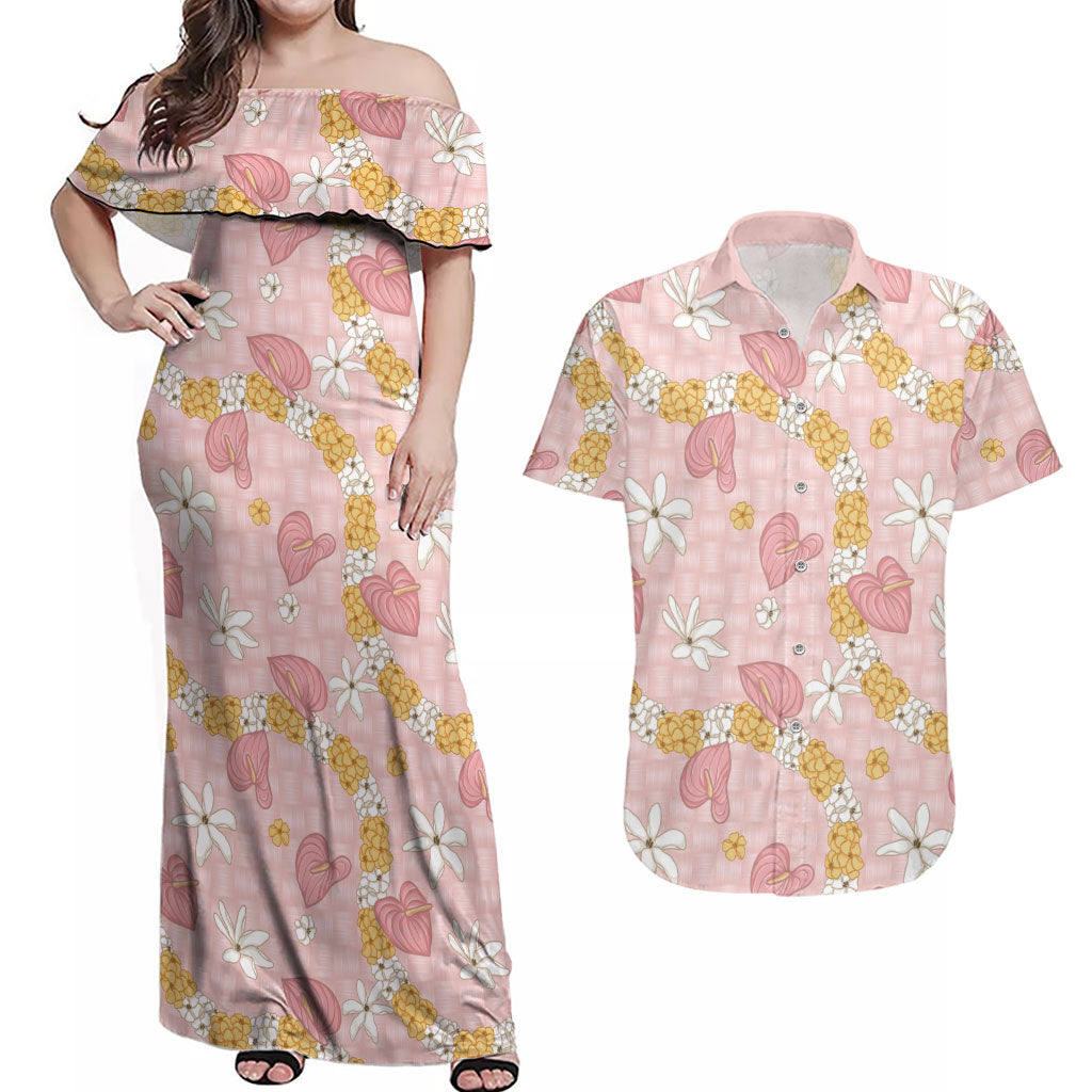 Hawaii Anthurium Tiare Pikake Lei Couples Matching Off Shoulder Maxi Dress and Hawaiian Shirt Akala Lauhala Art Pattern LT01 Pink - Polynesian Pride