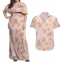 Hawaii Anthurium Tiare Pikake Lei Couples Matching Off Shoulder Maxi Dress and Hawaiian Shirt Akala Lauhala Art Pattern LT01 Pink - Polynesian Pride