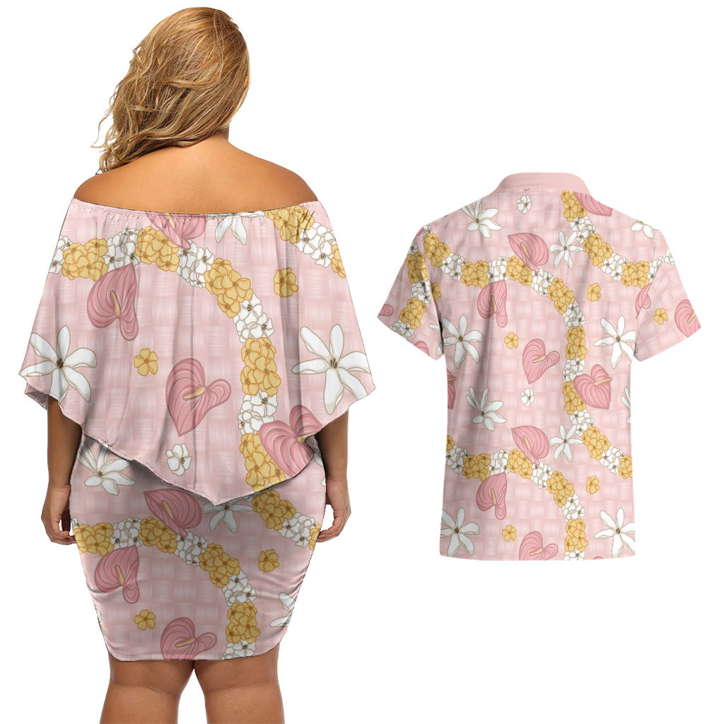 Hawaii Anthurium Tiare Pikake Lei Couples Matching Off Shoulder Short Dress and Hawaiian Shirt Akala Lauhala Art Pattern LT01 - Polynesian Pride