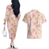 Hawaii Anthurium Tiare Pikake Lei Couples Matching Off The Shoulder Long Sleeve Dress and Hawaiian Shirt Akala Lauhala Art Pattern