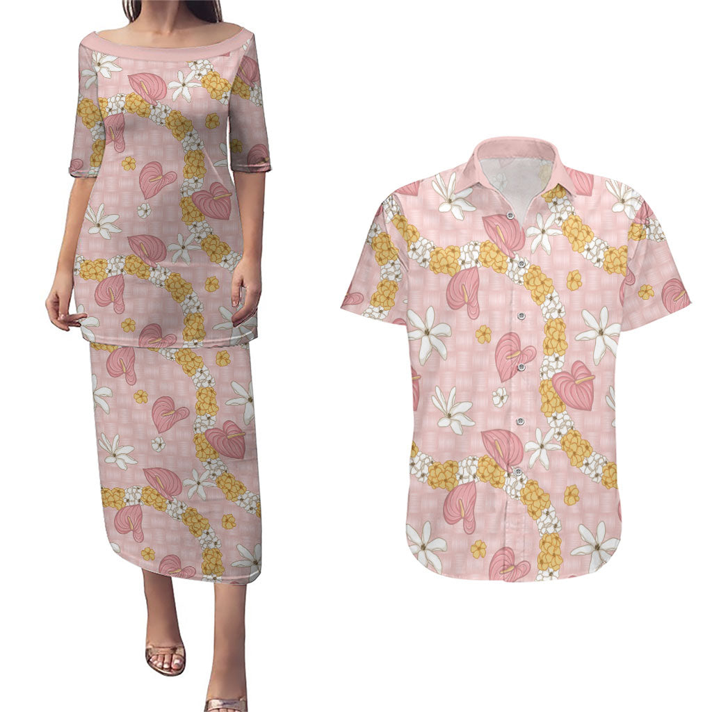 Hawaii Anthurium Tiare Pikake Lei Couples Matching Puletasi and Hawaiian Shirt Akala Lauhala Art Pattern