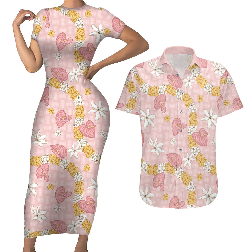 Hawaii Anthurium Tiare Pikake Lei Couples Matching Short Sleeve Bodycon Dress and Hawaiian Shirt Akala Lauhala Art Pattern LT01 Pink - Polynesian Pride