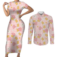 Hawaii Anthurium Tiare Pikake Lei Couples Matching Short Sleeve Bodycon Dress and Long Sleeve Button Shirt Akala Lauhala Art Pattern LT01 Pink - Polynesian Pride