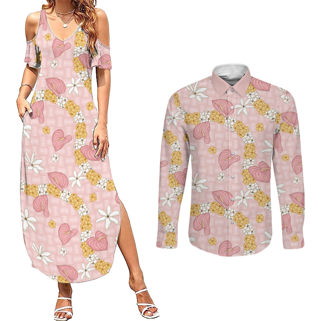Hawaii Anthurium Tiare Pikake Lei Couples Matching Summer Maxi Dress and Long Sleeve Button Shirt Akala Lauhala Art Pattern