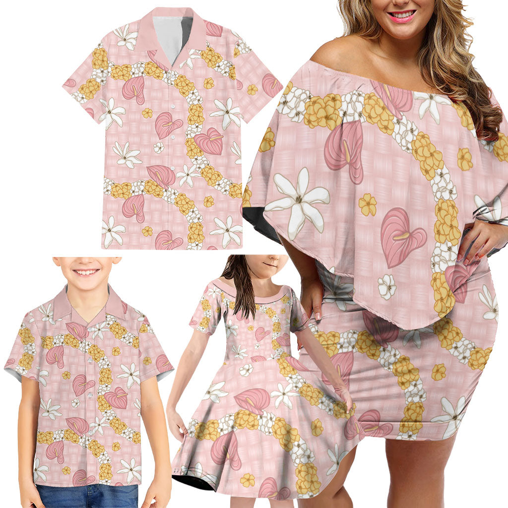 Hawaii Anthurium Tiare Pikake Lei Family Matching Off Shoulder Short Dress and Hawaiian Shirt Akala Lauhala Art Pattern LT01 - Polynesian Pride