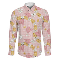 Hawaii Anthurium Tiare Pikake Lei Family Matching Puletasi and Hawaiian Shirt Akala Lauhala Art Pattern LT01 Dad's Shirt - Long Sleeve Pink - Polynesian Pride