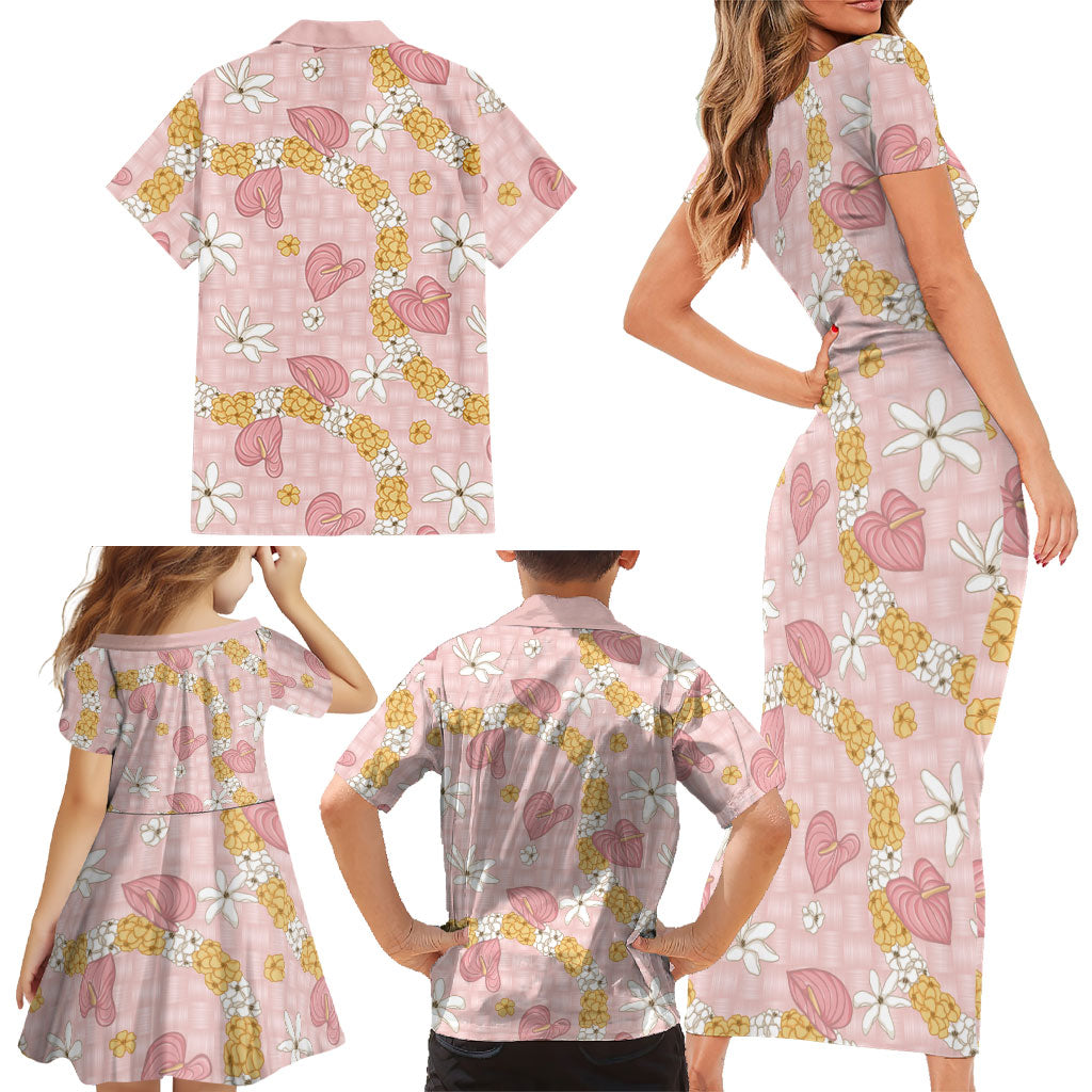 Hawaii Anthurium Tiare Pikake Lei Family Matching Short Sleeve Bodycon Dress and Hawaiian Shirt Akala Lauhala Art Pattern