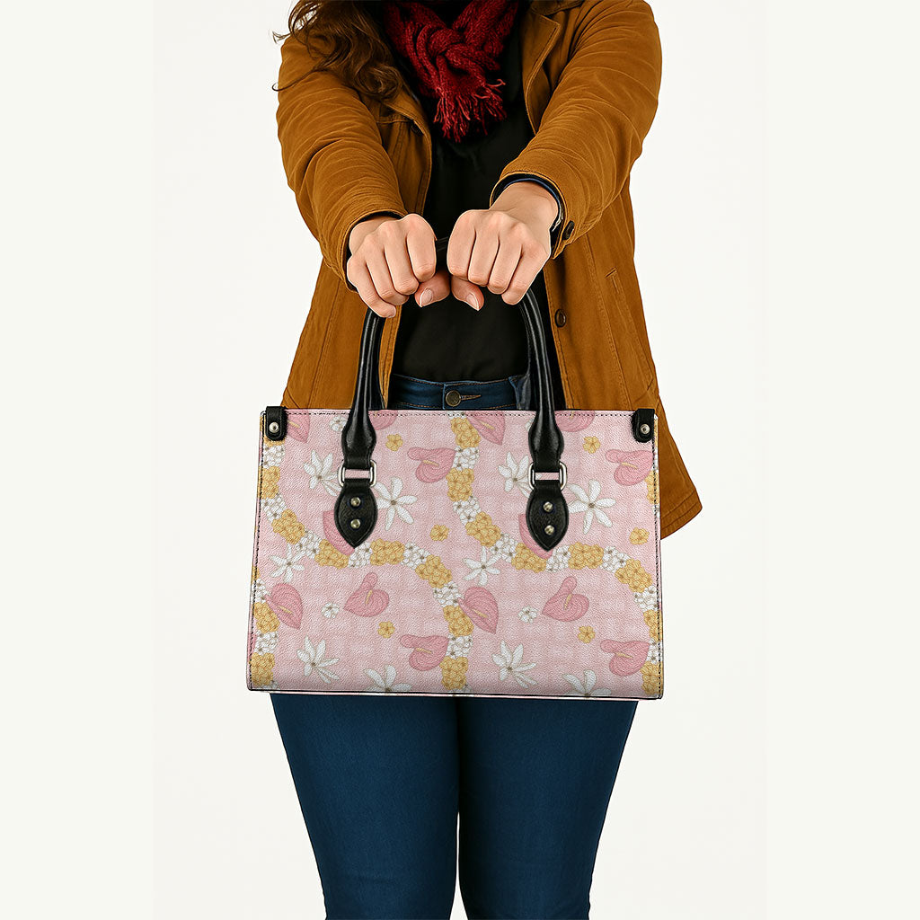 Hawaii Anthurium Tiare Pikake Lei Leather Bag Akala Lauhala Art Pattern