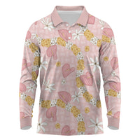 Hawaii Anthurium Tiare Pikake Lei Long Sleeve Polo Shirt Akala Lauhala Art Pattern