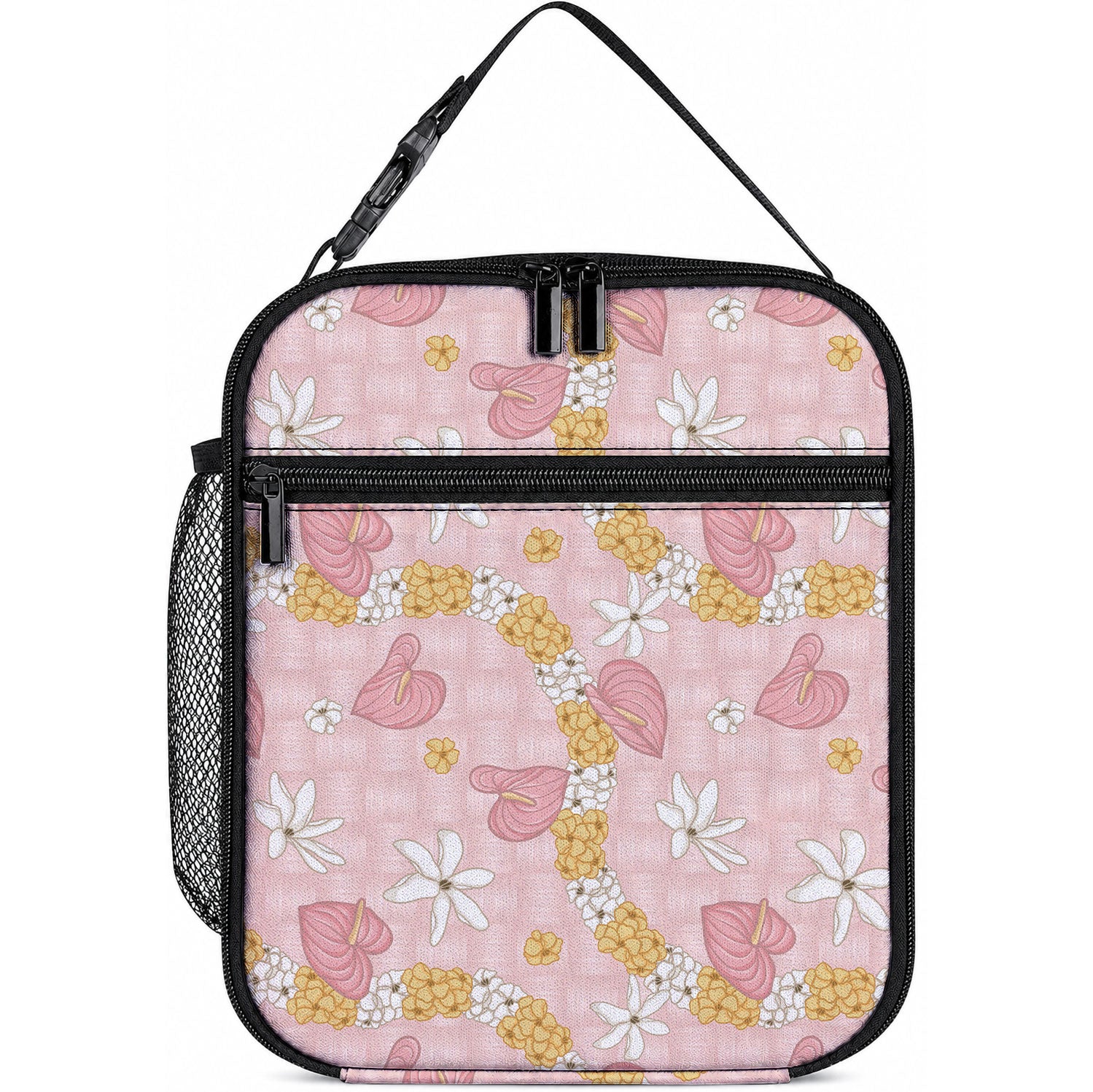 Hawaii Anthurium Tiare Pikake Lei Lunch Bag Akala Lauhala Art Pattern LT01 10.2 × 8.3 × 4.3 inch Pink - Polynesian Pride