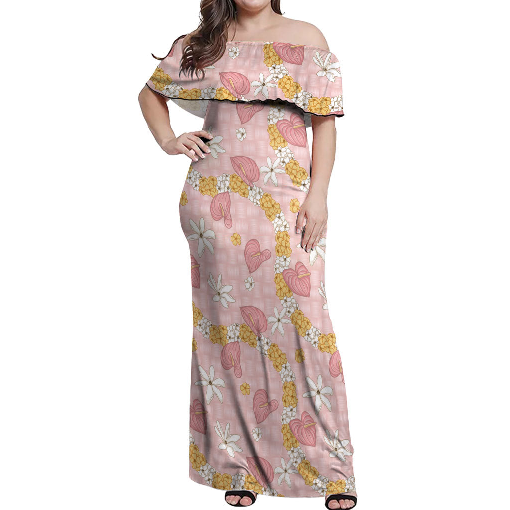 Hawaii Anthurium Tiare Pikake Lei Off Shoulder Maxi Dress Akala Lauhala Art Pattern