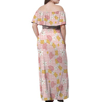 Hawaii Anthurium Tiare Pikake Lei Off Shoulder Maxi Dress Akala Lauhala Art Pattern