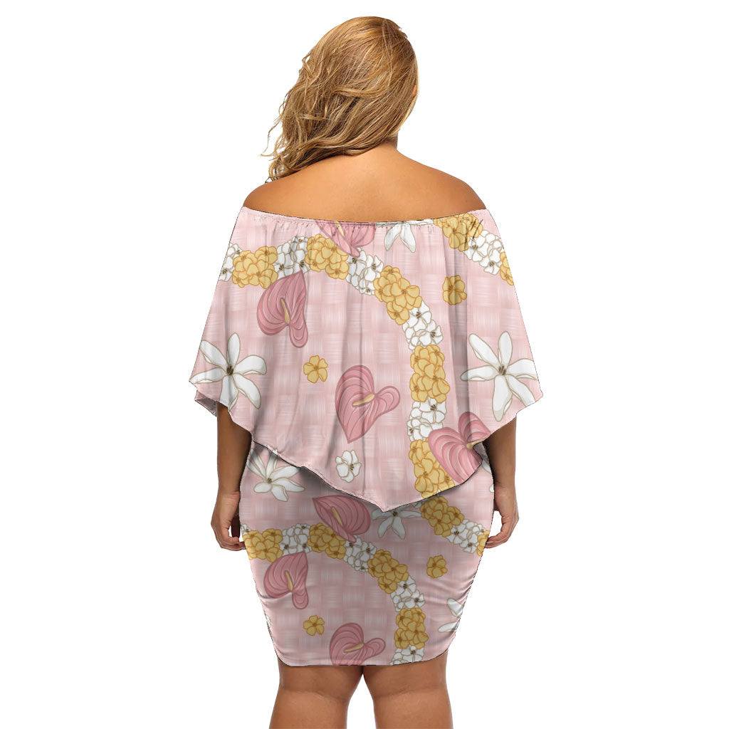 Hawaii Anthurium Tiare Pikake Lei Off Shoulder Short Dress Akala Lauhala Art Pattern