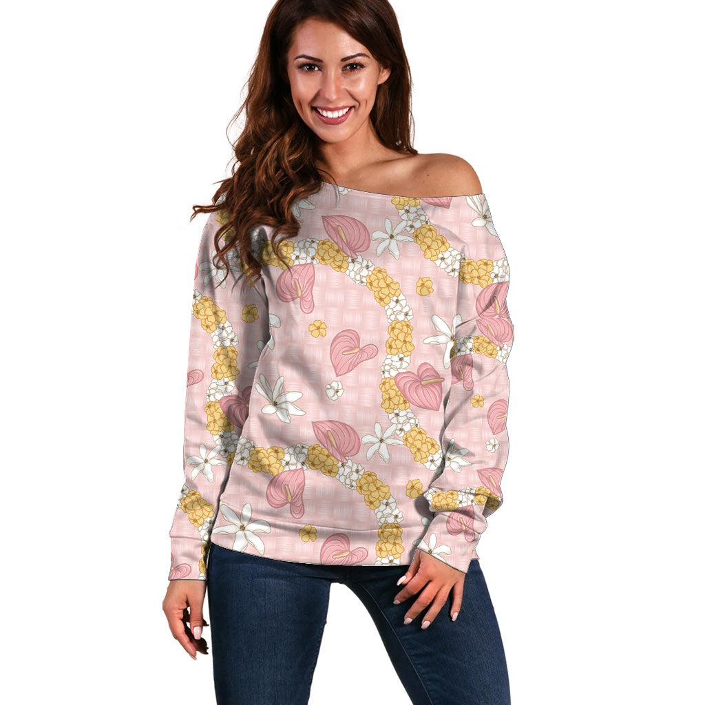 Hawaii Anthurium Tiare Pikake Lei Off Shoulder Sweater Akala Lauhala Art Pattern