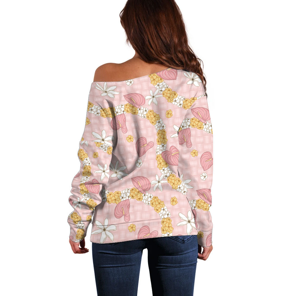 Hawaii Anthurium Tiare Pikake Lei Off Shoulder Sweater Akala Lauhala Art Pattern