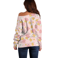 Hawaii Anthurium Tiare Pikake Lei Off Shoulder Sweater Akala Lauhala Art Pattern