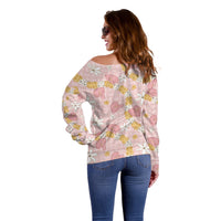 Hawaii Anthurium Tiare Pikake Lei Off Shoulder Sweater Akala Lauhala Art Pattern