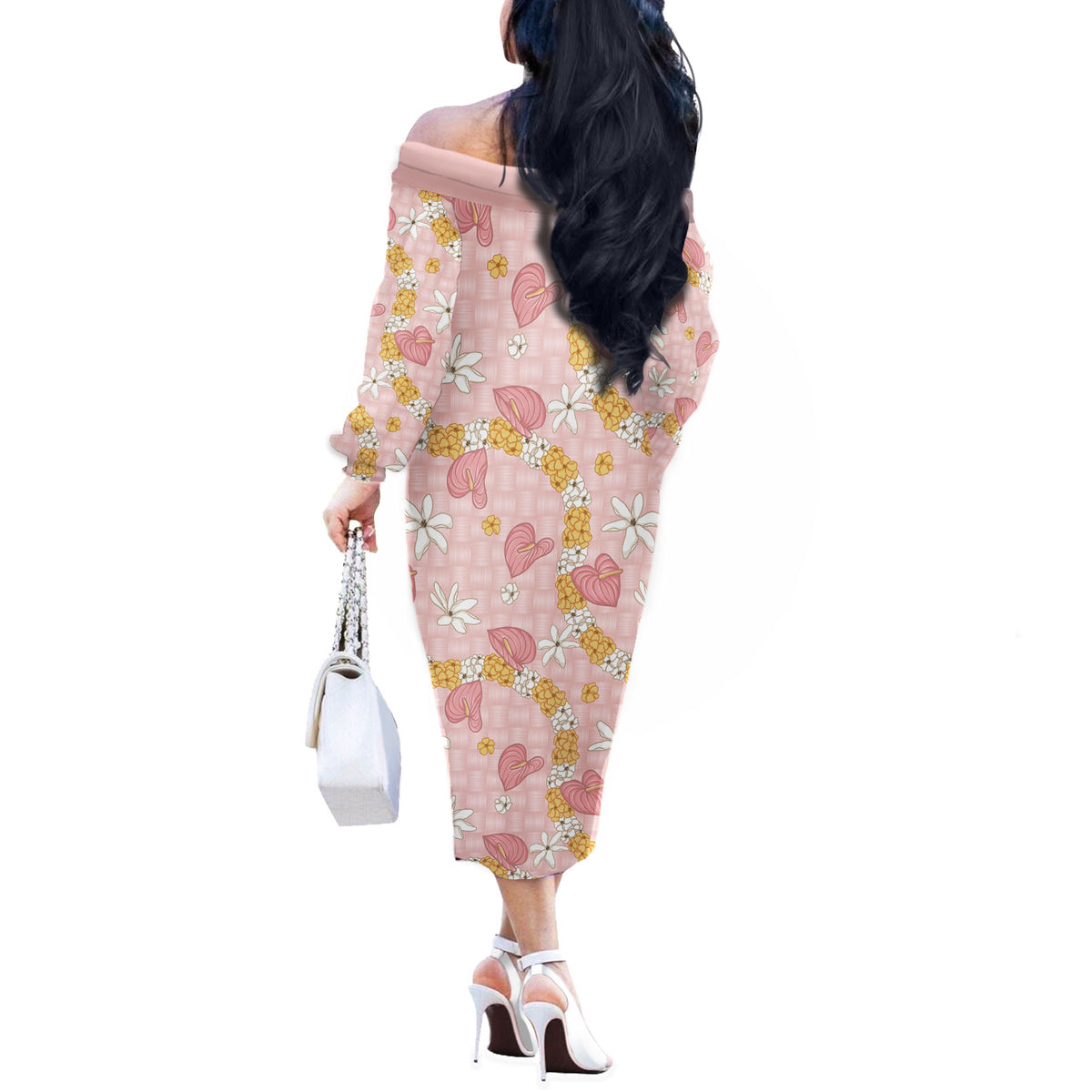 Hawaii Anthurium Tiare Pikake Lei Off The Shoulder Long Sleeve Dress Akala Lauhala Art Pattern